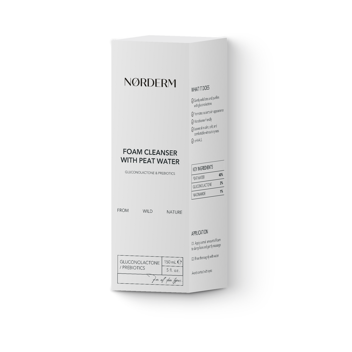 NØRDERM Foam Cleanser carton at an angle, showing the key ingredients panel