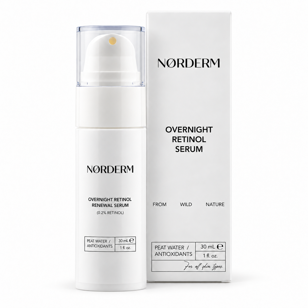 NØRDERM Overnight Retinol Renewal Serum bottle next to its carton