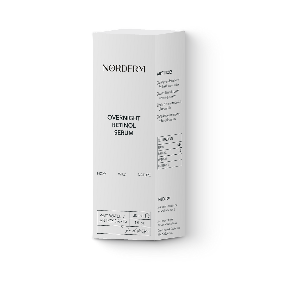 NØRDERM Overnight Retinol Serum carton at an angle, showing the key ingredients panel