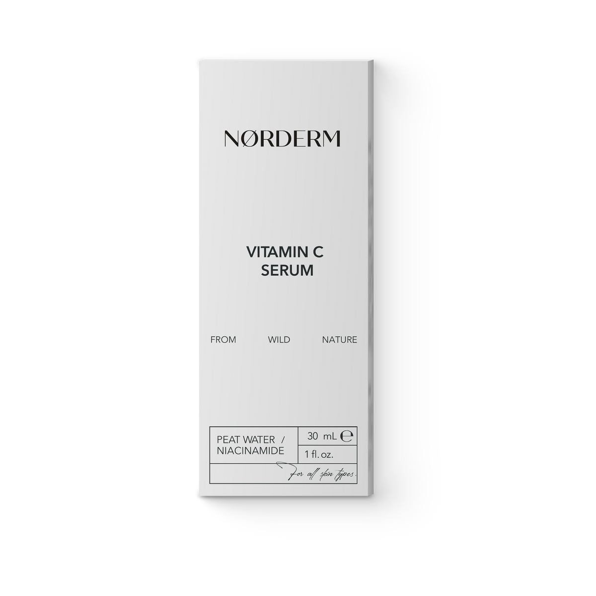 NØRDERM Vitamin C Serum with niacinamide and peat water carton, 30 mL, front view