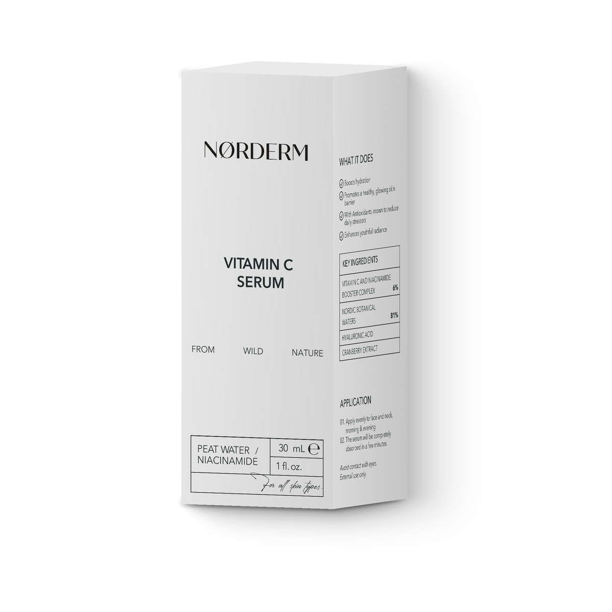 NØRDERM Vitamin C Serum carton at an angle, showing the key ingredients panel